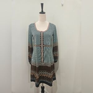 Max Studio Boho Geometric Print Long Sleeve Dress Sz S Multicolor
